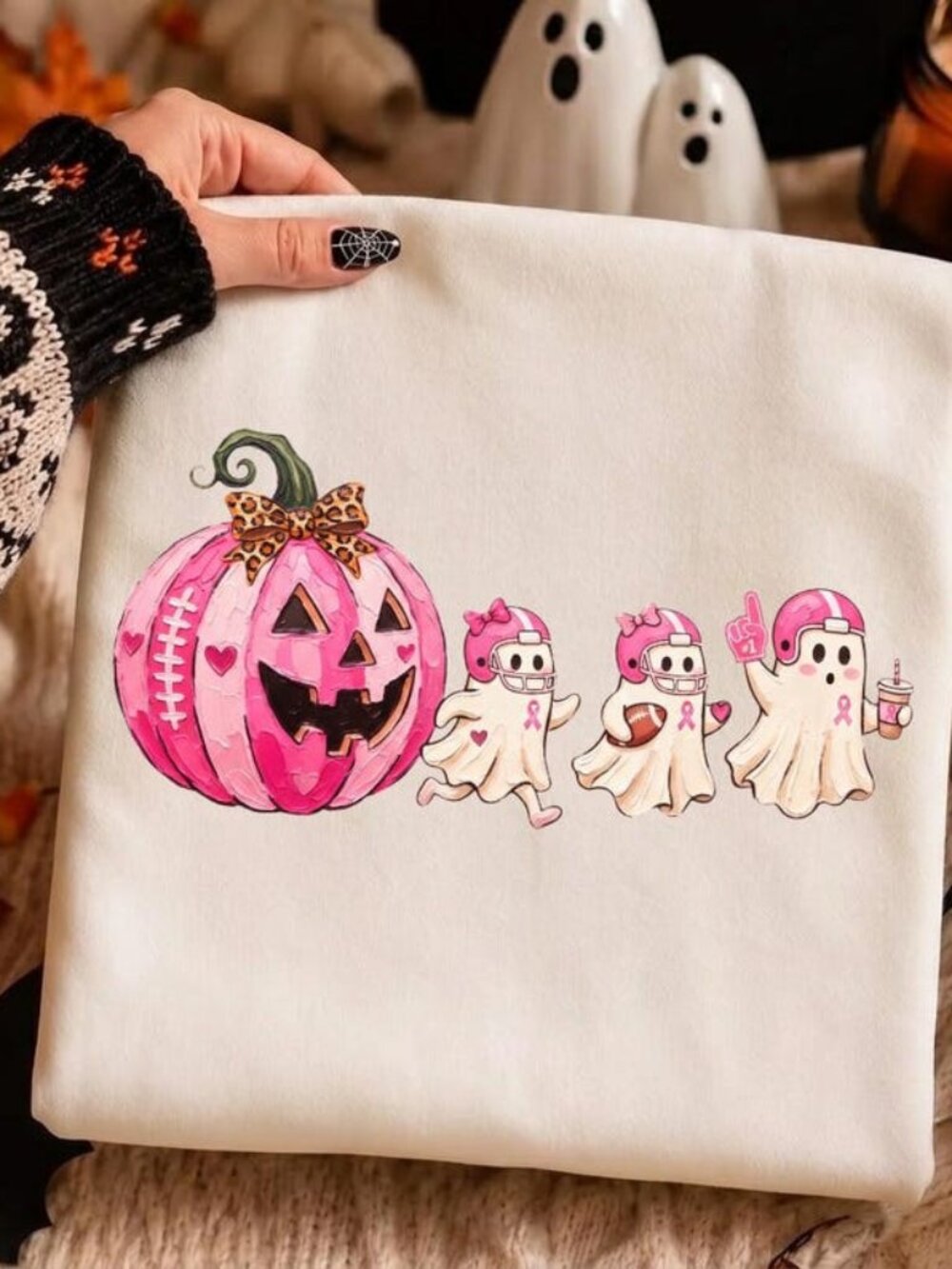Breast Cancer Ghosts Shirt, Pink Football Pumpkin Leopard Print Bow Shirt